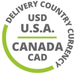Circular graphic with "DELIVERY COUNTRY CURRENCY" around the edge and "USA=USD CANADA=CAD" in the center, with a green curved line on the left side.